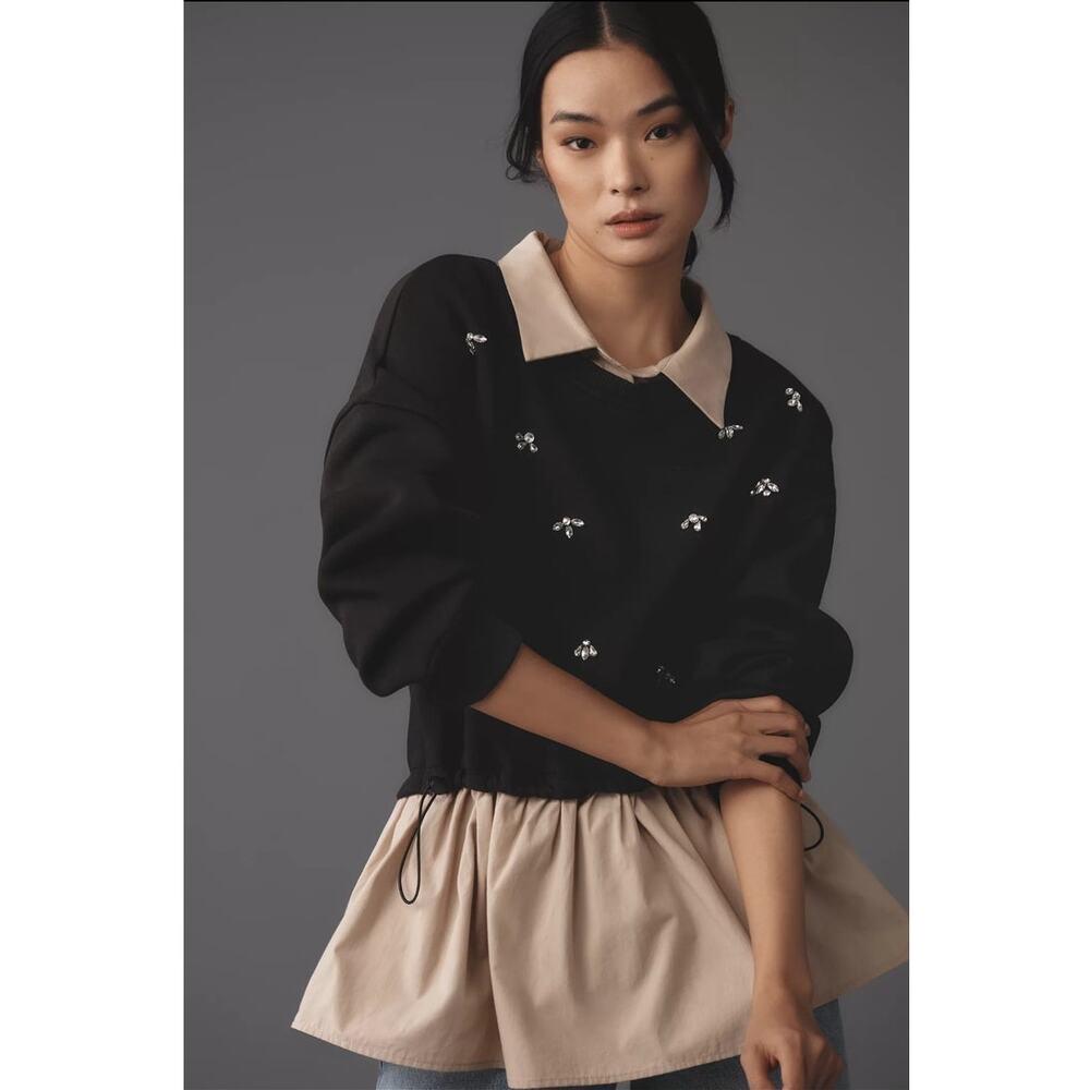 Anthropologie Maeve Black Twofer Embellished Pullover Sweatshirt Size L